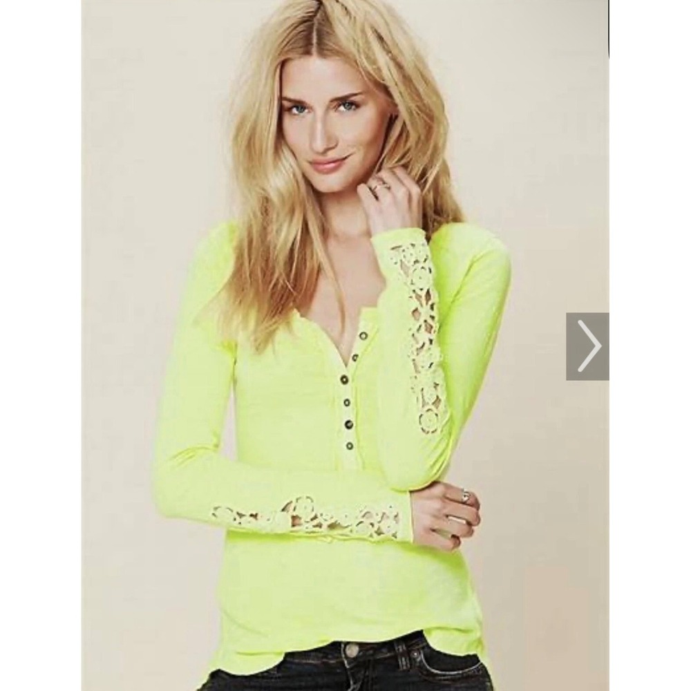 Free People Lace Sleeve Henley Top Yellow S Boho Romantic Festival‎ Cottagecore